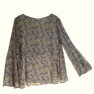 Uniqlo NEW Floral Lightweight Semi Sheer Bell Sleeve Flowy Blouse Top Peplum L